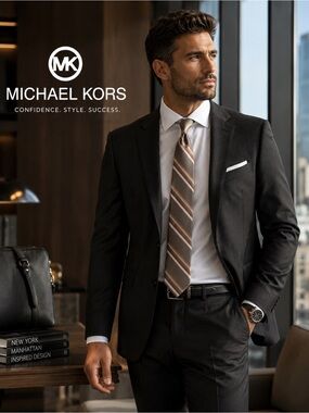 Michael Kors Striped Tie Taupe Orange Modern Necktie tie silk authentic